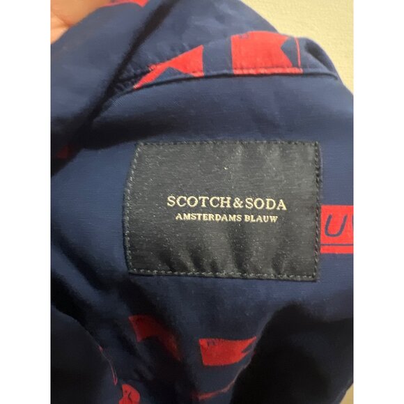 Scotch & Soda Ams Blauw Mens Short Sleeve Shirt Navy With Red Print Viscose Butt - Picture 3 of 6
